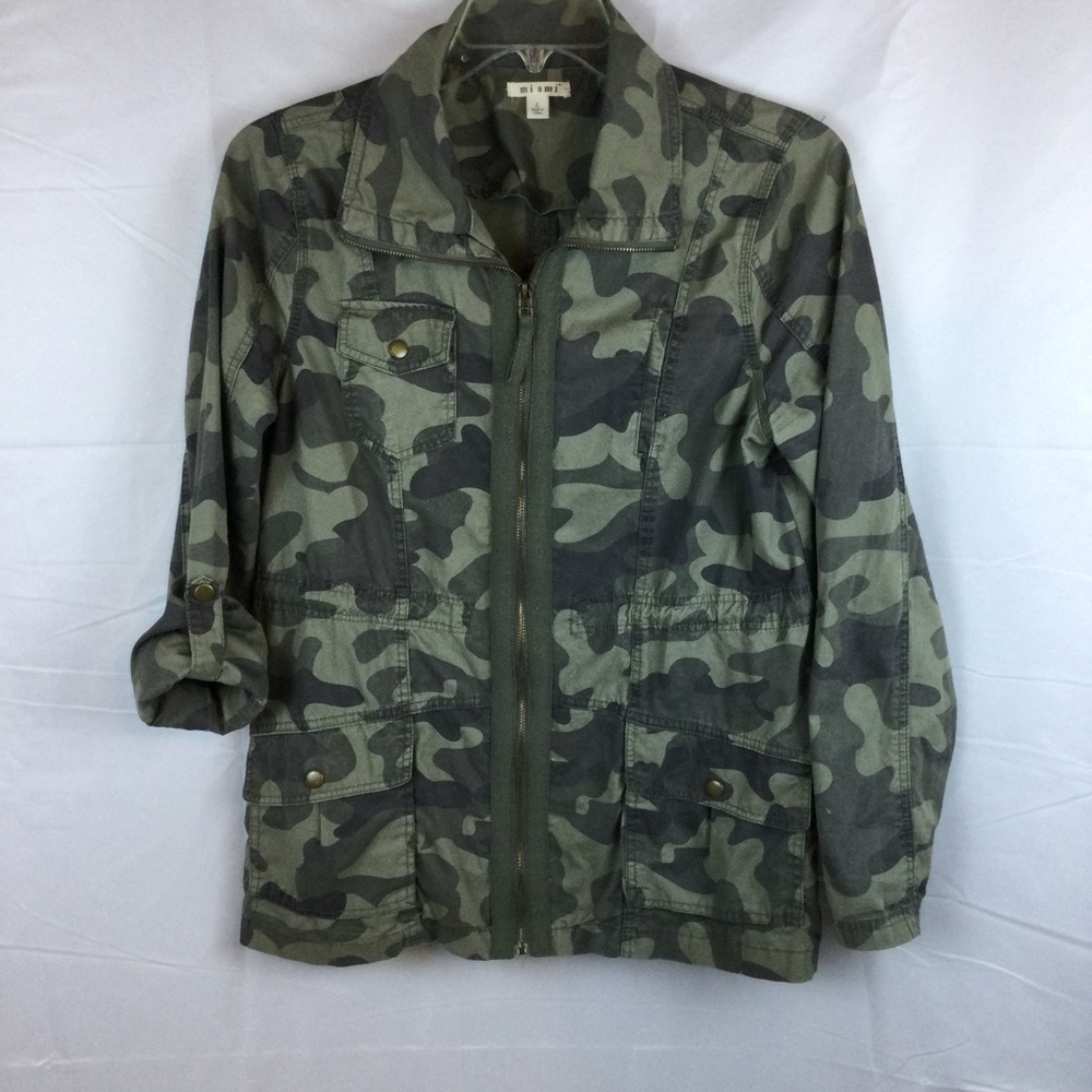 MI AMI Green Camo Safari Anorak Jacket, Zip Front Size Large